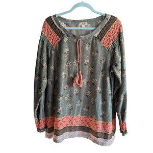 One World sz XL green print tasseled Boho long sleeve ruched cuff shoulder top